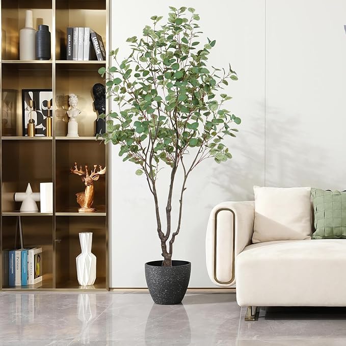Faux Eucalyptus Tree 7ft(84in) Tall Artificial Plant Indoor Decor Handmade Natural Fake Eucalyptus Tree for Wedding Realistic Lifelike Leaves in Pot for Home Living Room,Office,Outdoor Decor.