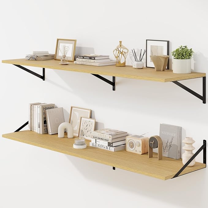 Fun Memories Floating Shelves for Wall, 12 Inch Deep Floating Shelves Set of 2, 55W x 12D Large Wall Shelf with Sturdy Metal Brackets for Living Room, Bathroom, Bedroom and Kitchen, Oak