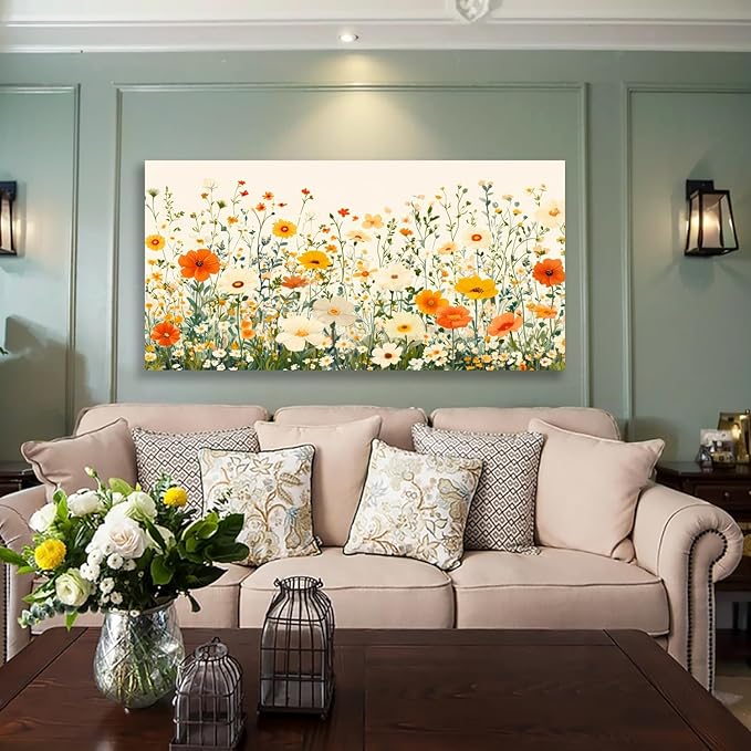 KZKU Floral Canvas Wall Art Orange and White Wildflowers Modern Botanical Print Watercolor style Flower Picture for Bedroom Living Room Artwork Home Wall Decoration