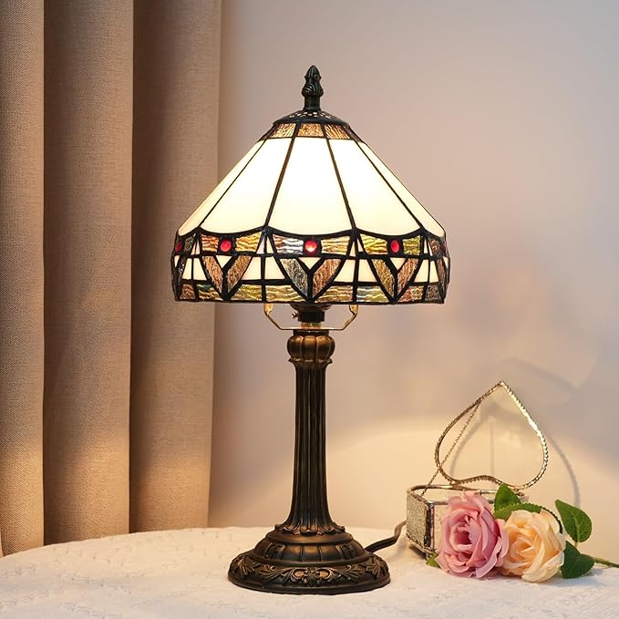 Tiffany Lamp 8 Inch Small Stained Glass Table Lamp with Roman Nordic Style Design Warm Color Reading Light Dining Rooms Bedrooms Offices Study Rooms Tiffany Style Retro Home Decoration Crafts (White)