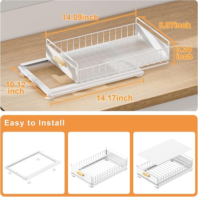 Under Sink Organizer, Single Tier Metal Pull Out Sliding Drawer Shelf for Kitchen Bathroom Cabinet Storage, Sturdy Rack – White