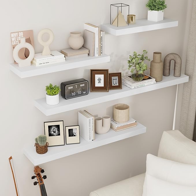 Modern Floating Shelves Set of 3 - White Wooden Wall Shelves for Bedroom, Living Room, Bathroom, Kitchen - Storage and Decor