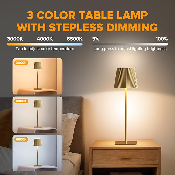 LUTEC 2 Pack Cordless Table Lamp,6000mAh Rechargeable Battery Operated Desk Lamp,Two Adjustable Heights,Waterproof, Touch Control & 3 Color Stepless Dimming for Restaurant/Bedroom/Bars/Outdoor (Gold)