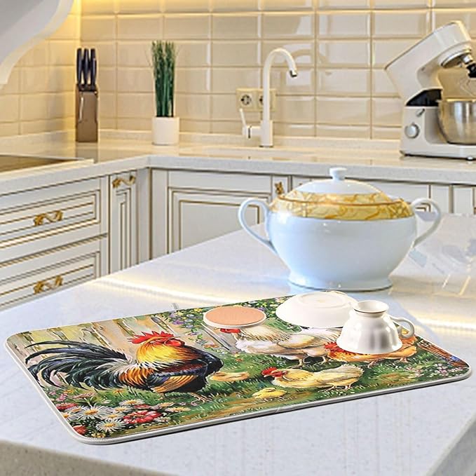 Rooster Flowers Dish Drying Mat 16 X 18 Inch Farm Cock Chick Floral Kitchen Rack Mats Dry Dishes Pads Tableware Mat Absorbent Microfiber Protector for Kitchen Countertops Counter Home Decor