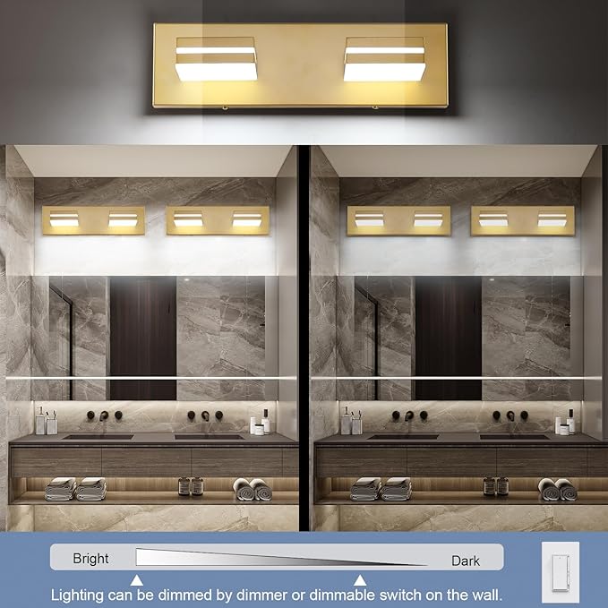 SineRise LED Modern Bathroom Vanity Light Fixtures (2-Light, 15.5-Inch, Dimmable), Matte Gold Modern Acrylic Bathroom Wall Lighting Fixtures Over Mirror (Cool White 6000K)