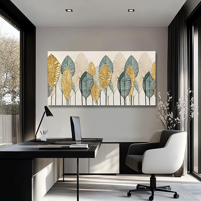 CHUDANHAO Green Wall Art Gold Wall Decor Leaves Prints Pictures Textured Bedroom Decor Line Painting Green Paintings Wall Decorations 24”x48” Artwork for Living Room Dining Room