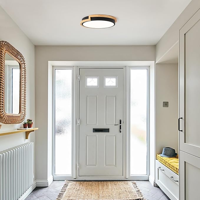 Dimmable Wood LED Flush Mount Ceiling Lights, 5CCT 2700K-6000K Black Hallway Lighting Fixtures, Minimalist Circular Ceiling Lamp for Bedroom Laundry Room Kitchen Entryway