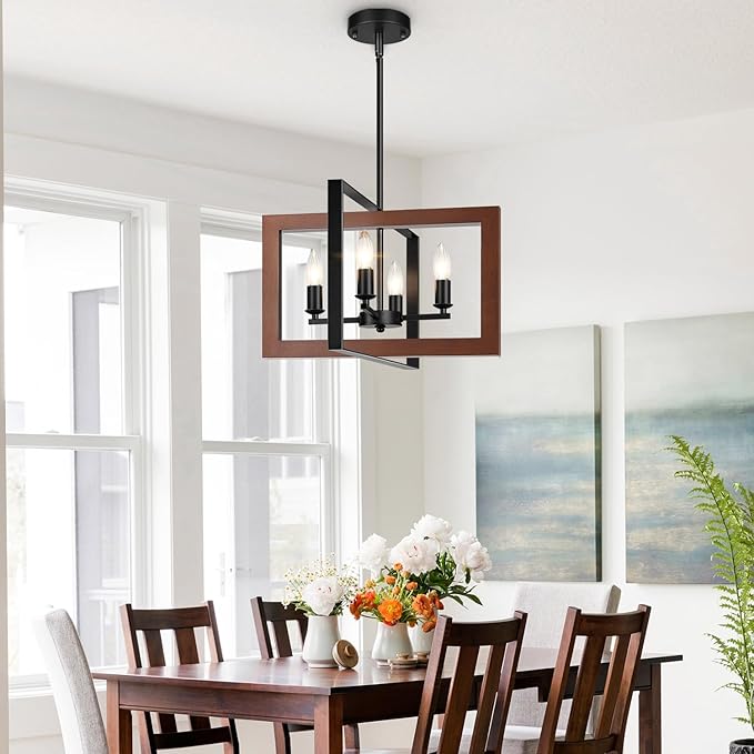 17" Farmhouse Reddish Brown Wood Chandelier, (4-Light, 17-Inch), Rustic Dining Room Light Fixtures Over Table, Adjustable Hanging Light Fixture for Kitchen, Living Room, Foyer, Entryway