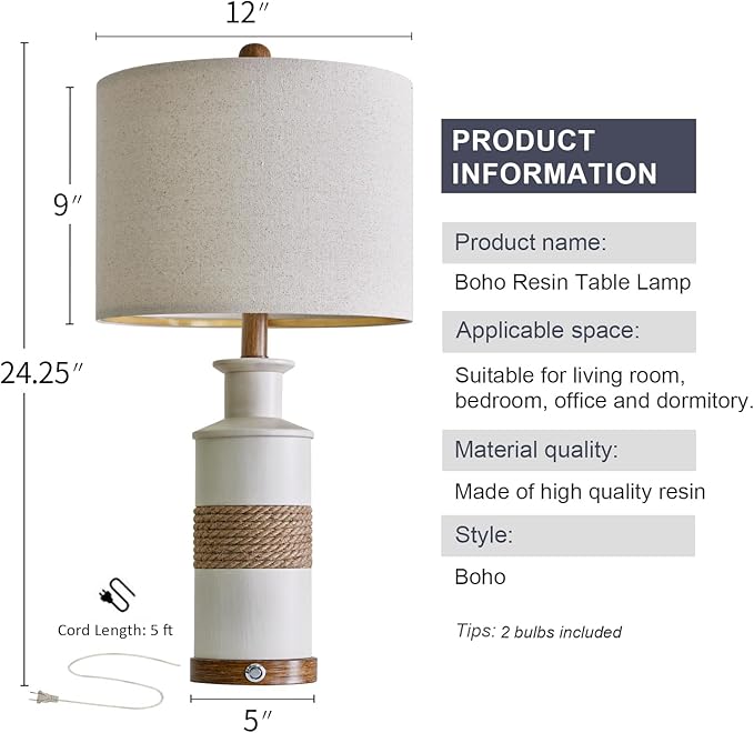 BOBOMOMO 24.5" USB A+C 3-Way Dimmable Touch Control Boho Table Lamp Set of 2 for Living Room Nightstand Beside Lamps for Bedroom(Include Two Bulbs)