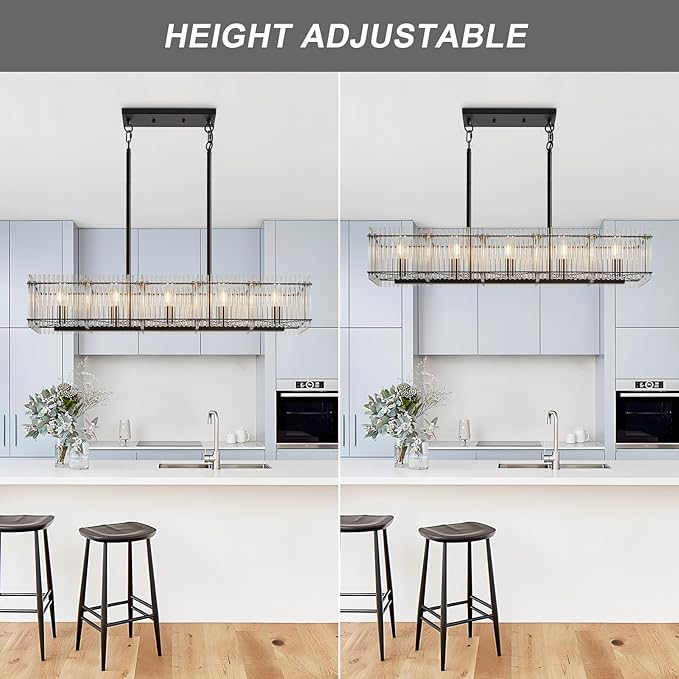 5-Light Modern Crystal Chandelier Luxury Black Dining Room Light Fixture Over Table Rectangle Farmhouse Hanging Pendant Lighting for Living Room, Kitchen Island Ceiling Lights