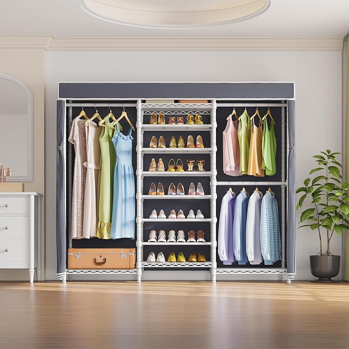 VIPEK S3C Heavy Duty Portable Closet, Adjustable Shoe Rack Wire Shelf, Large Wardrobe Organizer for Bedroom Storage, Freestanding Clothes Rack with Hanging Rod, Custom White Rack with Grey Cover