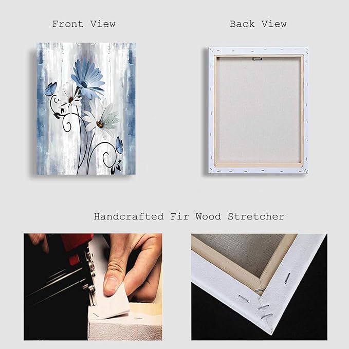 Blue Flowers Canvas Wall Art Bathroom Wall Decor, Blue and White Daisy Flower and Butterfly Canvas Wall Art Framed Artwork Ready to Hang for Living Room Bedroom Decor, 12x16in