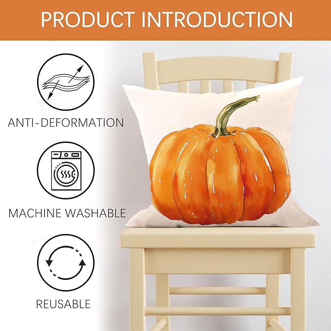 Happy Fall Y'all Decorative Throw Pillow Covers 18 x 18 Set of 4, Autumn Hello Pumpkin Maple Leaves Porch Outdoor Home Decor, Orange Seasonal Sofa Couch Cushion Case