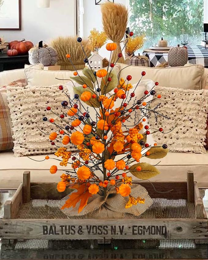 2 Pcs Fall Table Centerpieces Tree, Faux Fall Tree Artificial Fall Tabletop Tree Pumpkin and Maple Leaf Berry with Burlap Base Fall Decorations for Autumn Thanksgiving Party Home Office