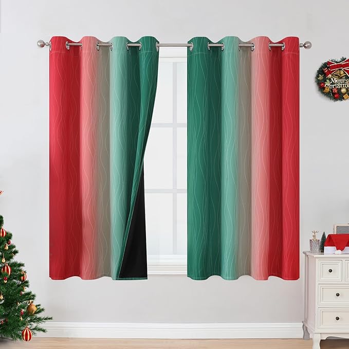 Estelar Textiler Red and Green Blackout Curtains 45 Inch Length, Full Room Darkening Ombre Drapes for Kitchen, Thermal Insulated Grommet Christmas Curtains for Basement, 52Wx45L, 2 Panels
