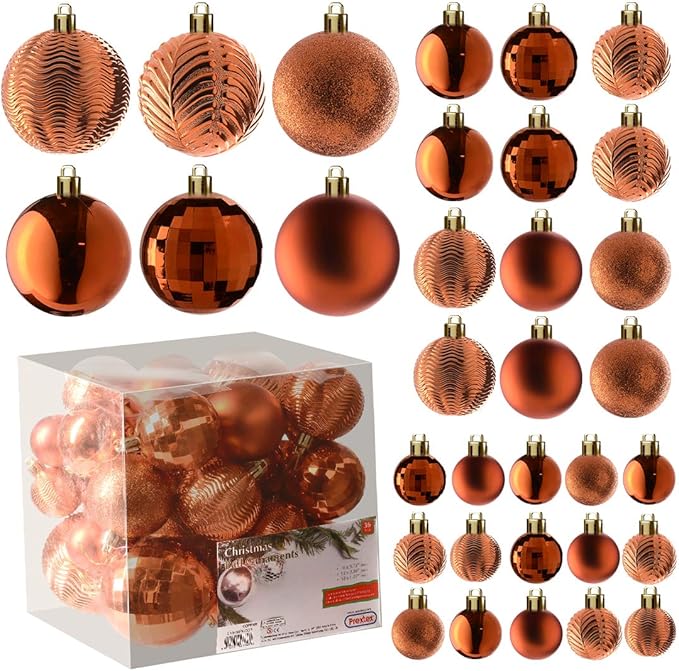 PREXTEX Christmas Tree Ornaments - Copper Orange Christmas Ball Ornaments Set for Christmas, Holiday, Wreath & Party Decorations (36 pcs - Small, Medium, Large) Shatterproof, 3 Size Combo