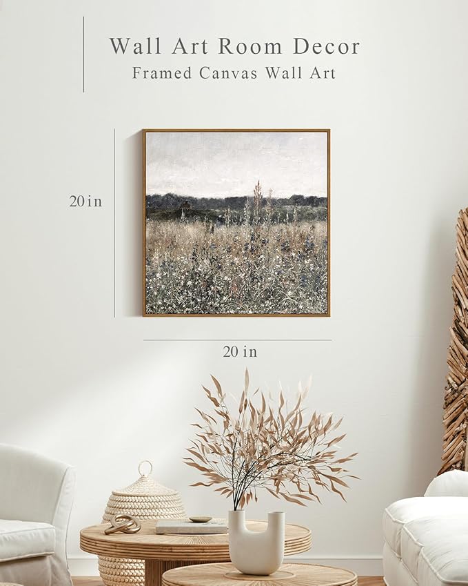 InSimSea Square Framed Canvas Wall Art, Scenery Field Home Decor, Vintage Meadow Flowers Wall Art Prints, Retro Nature Floral Wall Decor for Living Room Bedroom Home Bathroom 20"x20"