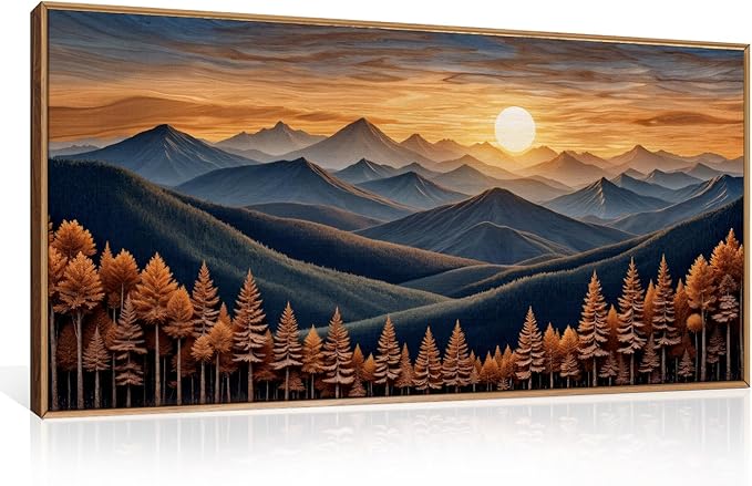HOURIA Large Woodland Mountain Sunset Framed Canvas Wall Art Set,Wilderness Wooden Forest Landscape Wall Decor,Nature Botanical Artwork,Boho Pine Tree Art Print for Living Room,Bedroom- 20"x40"x1