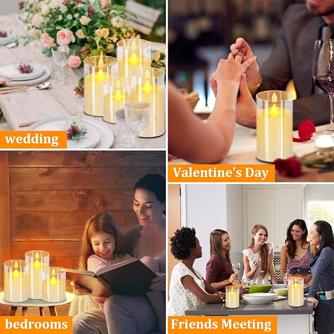 Flameless Candles 4" 5" 6" Acrylic Glass Pillars 3" Diameter Battery Operated Flickering Candles Include Remote with 24Hour Timer Function 400+ Hours by 2 AA Batteries (Pure White, Warm Light 6 Pack)