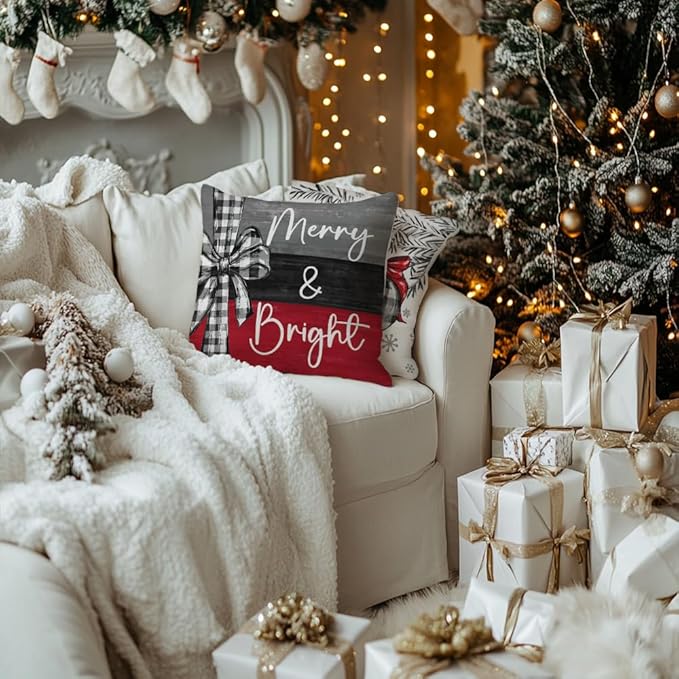 GEEORY Christmas Throw Pillow Covers 20x20 Inch Set of 4, Xmas Trees Merry and Bright Happy Holidays Farmhouse Decorative Cushion Cases for Home Decoration G632-20