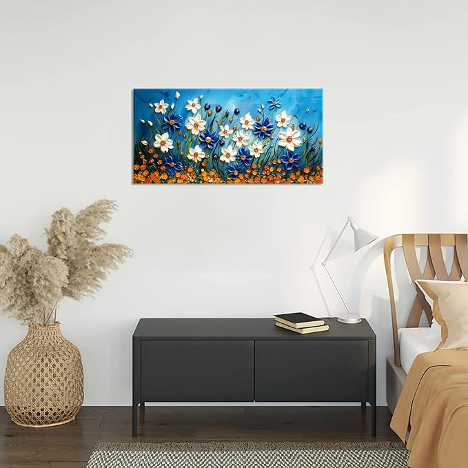 ZESTFLICKR Daisy Canvas Wall Art Daisies Flower Oil Painting Print Modern Floral Canvas Painting Artwork Nature Painting for Living Room Bedroom Home Office Kitchen Decoration (20x40 inches)