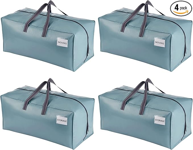 VENO 4 Pack Moving Bags w/Backpack Straps, Heavy Duty, Moving Boxes Alternative, Packing Supplies, Large Storage Totes for Dorm Room Essentials with Zipper for Clothes (Shiny Light Blue, 4 Pack)