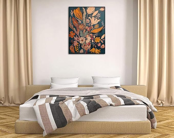 Boho Flower Canvas Wall Art Abstract Plant Wall decor pictures Orange Floral Poster Prints Mid Century Modern Flowers Painting For Living Room Bedroom Home Decorations (12inx16in canvas)