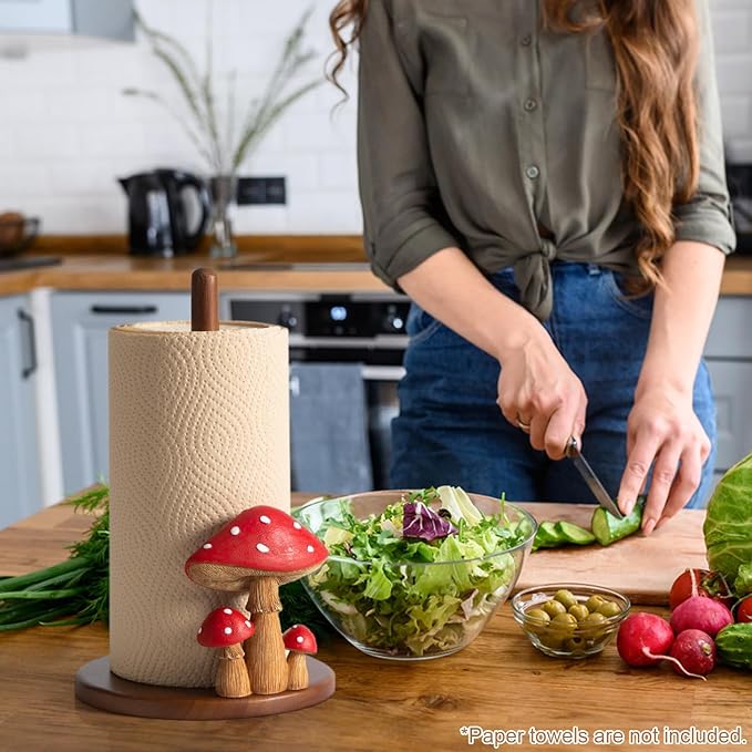 Mushroom Paper Towel Holder - Cottagecore Decor Mushroom Kitchen Home Cottagecore Accessories Cute Stuff, Unique Wood Paper Towel Holder Stand Kitchen Countertop 12.5×7 in