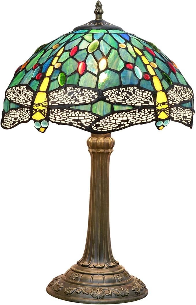 Tiffany Style Stained Glass Table Lamp 12 Inch Blue and Green Dragonfly Reading Bedside Lamp Suitable for Study Dormitory Bedside Coffee Shop Retro Table Lamp Home Decoration Art
