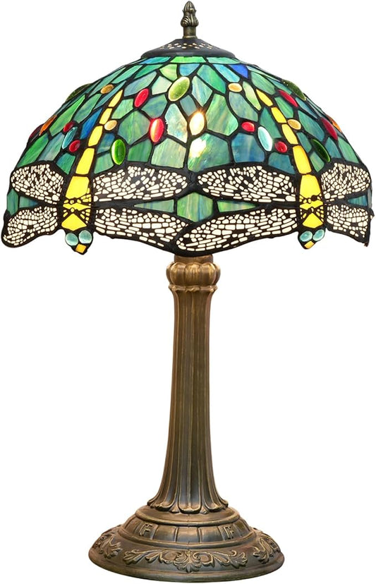 Tiffany Style Stained Glass Table Lamp 12 Inch Blue and Green Dragonfly Reading Bedside Lamp Suitable for Study Dormitory Bedside Coffee Shop Retro Table Lamp Home Decoration Art