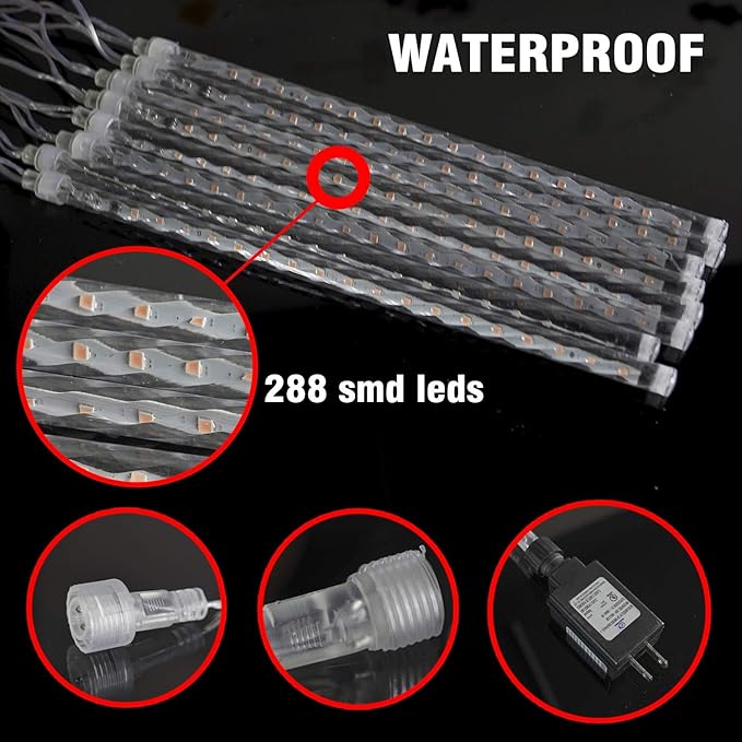 FUNPENY Meteor Shower Rain Lights, 288 LED Christmas Lights Icicle Snow Falling Halloween Light Outdoor Raindrop Light, 30cm 8 Tubes Xmas Tree Holiday Christmas Halloween Decoration, Blue