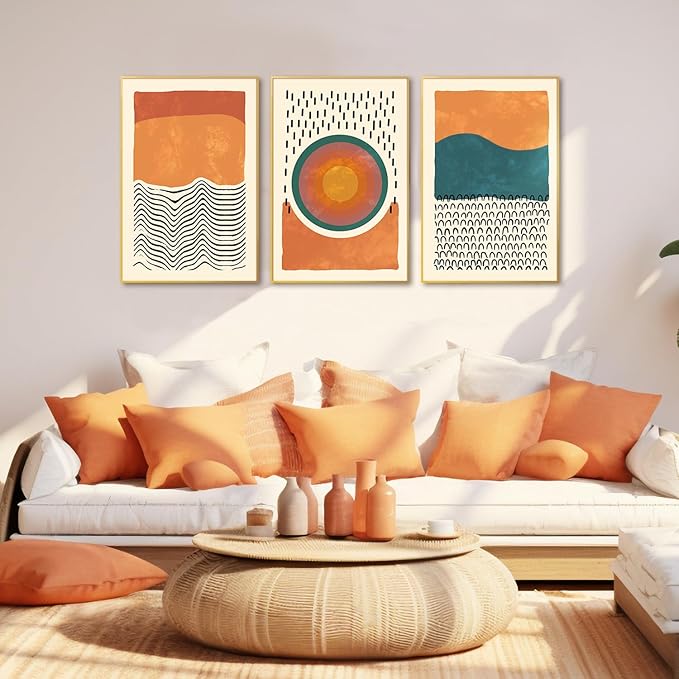 HPINUB Boho Abstract Framed Canvas Prints Wall Art Set, Mid-Century Color Block Shape Wall Decor, Minimalist Illustrations Art Photos for Living Room, Bedroom, Dining Room, Office, Bathroom -