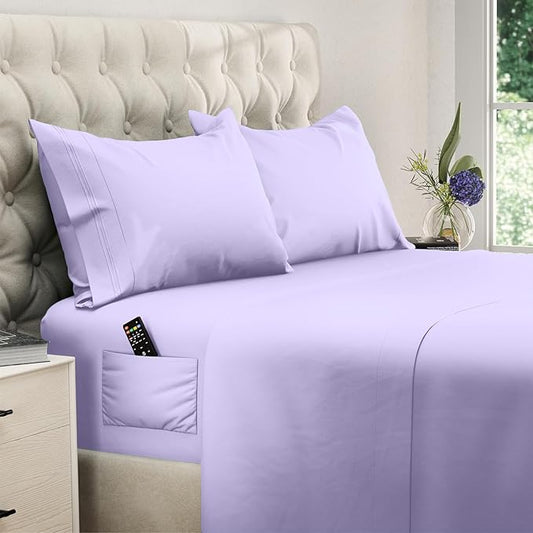 DREAMCARE Twin XL Sheets Set - 4 Pcs Cooling Bed Sheets with Up to 15" Deep Pockets - Soft, Long-Lasting 100% Brushed Polyester with Side Pocket (Lavender)