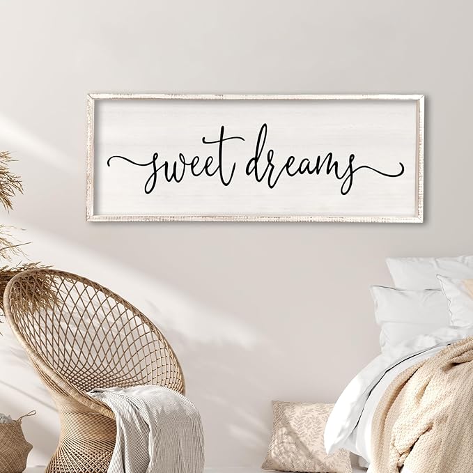 Surfapans Sweet Dreams Wall Decor Above Bed 40"x15" ofr Master Bedroom Guest Room Wood Rustic Framed Wall Art Sign (White)