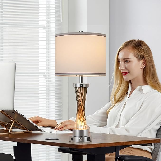 3-Way Dimmable Table Lamp Set of 2,Touch Control Lamp with Night Light,Modern Crystal Table Lamps for Bedroom,Living Room，Bedside Lamps with USB A+C Ports，Fabric Lampshade(Blubs Included)