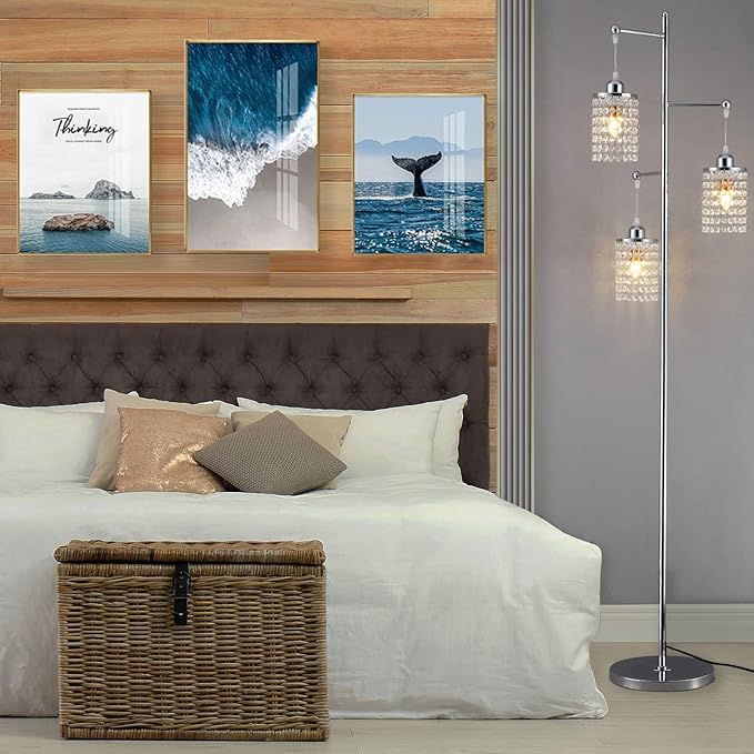 beaysyty Art Decor Crystal Floor Lamp 3-Light Contemporary Crystal Lampshade for Living Room,Bedroom,Office,Bulb Included,Chrome Finish