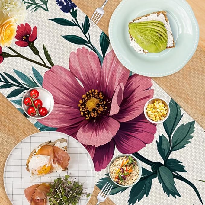 ANNA QUEEN Flowers Table Runner 13 x 72 Inch for Dining Table, Table Runner for Fall Dining Decor Indoor Outdoor Party Home Table Decoration