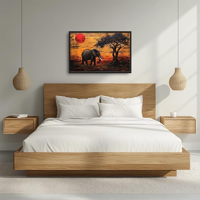 Elephant Framed Wall Art for Living Room, Large African Elephant Canvas Wall Decor, Wild Animal Sunset Picture Painting, Modern Artwork for Bathroom Bedroom 36L'' × 24W''