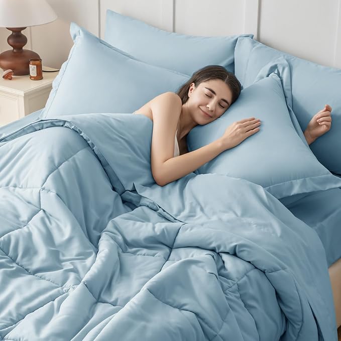 JOLLYVOGUE King Comforter Set, Ultra-Soft Bed in a Bag King Size 7 Pieces, Oeko-TEX Certified Bedding Set with Down Alternative Comforter, Sheets, Pillowcases & Shams, Lake Blue