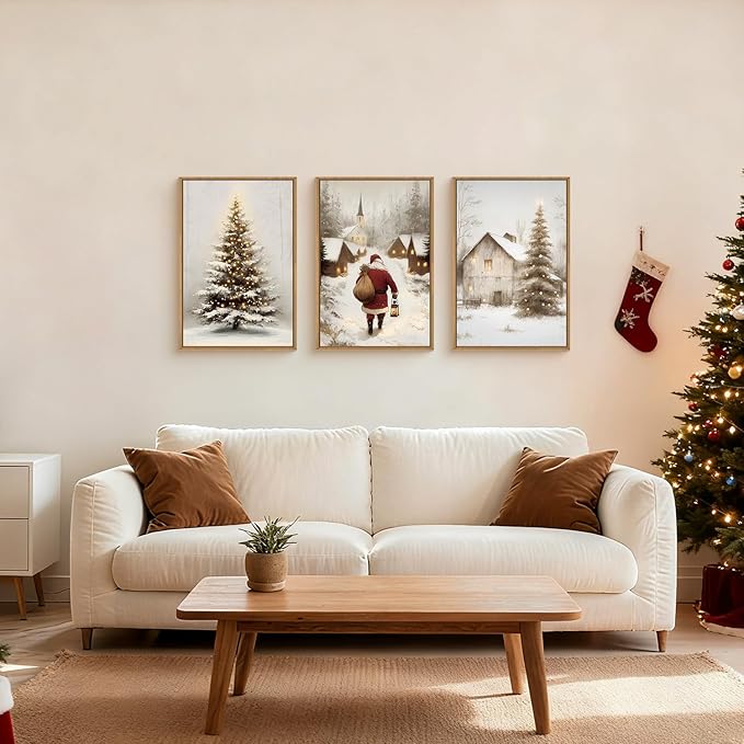KAIRNE 3 Piece Christmas Wall Art Set, Vintage Rustic Canvas Prints with Santa Claus, Snowy Christmas Tree & Village Scenes, Xmas Eve Decor for Living Room Bedroom Winter Home Decoration 24×36 inch