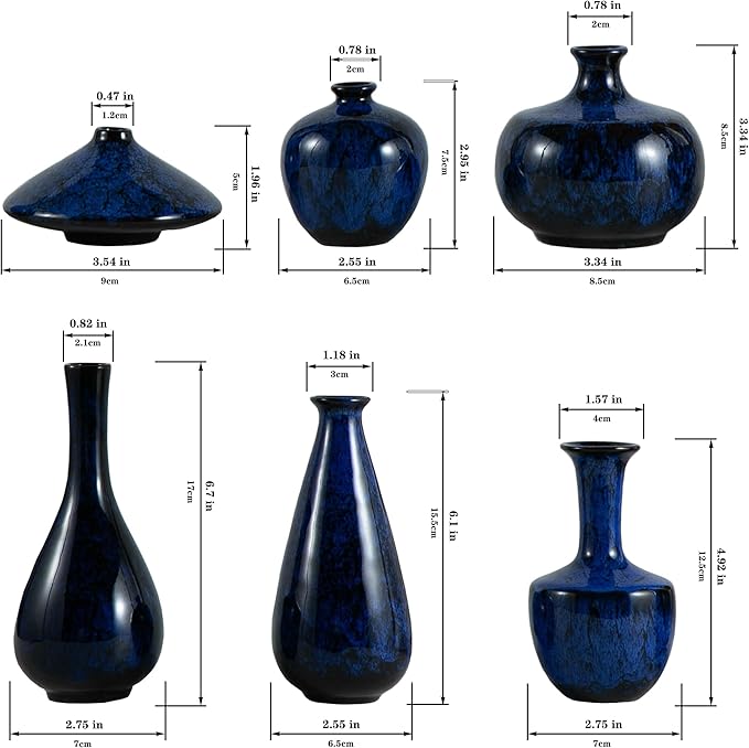 Blue Ceramic Bud Vases, Set of 6 Small Glazed Pottery Vases for Floral Arrangements, Decorative Rustic Vases for Modern Farmhouse Home Decor, Living Room, Dining Table Centerpieces