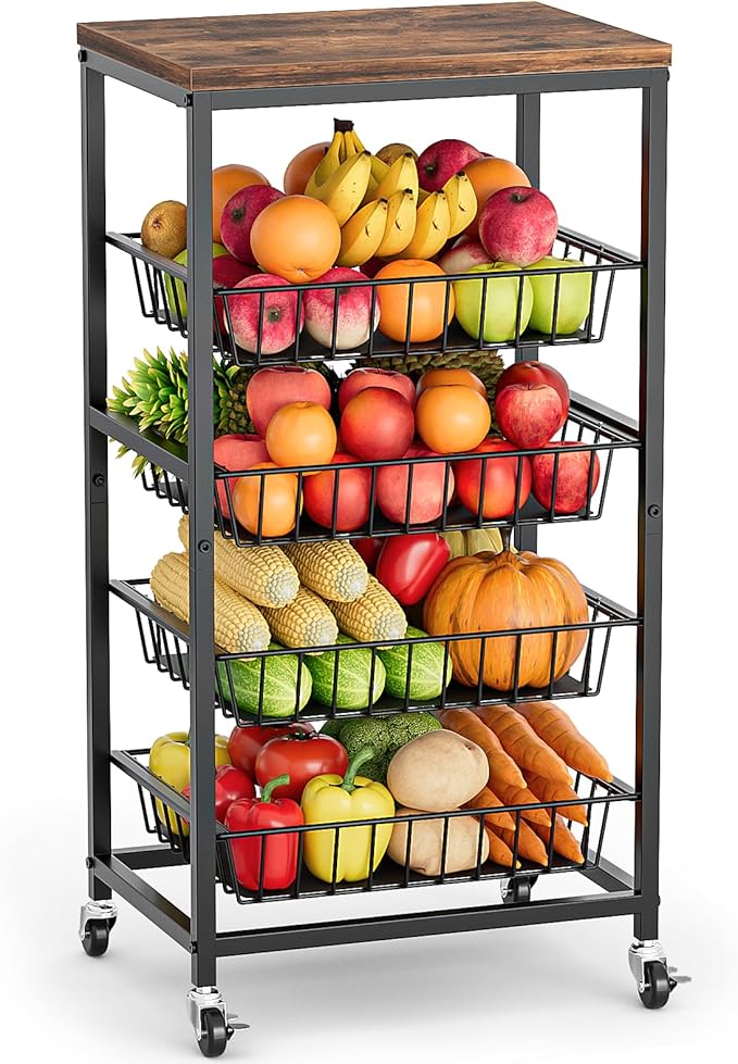 Fruit Vegetable Cart, 5-Tier Snack & Kitchen Cart on Wheels with Storage, Pull-Out Baskets & Wood Top, Rolling Organizer for Pantry, Living Room (Brown)