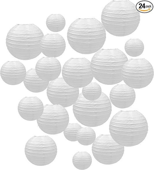 Handmade Decorative Chinese Japanese Hanging Paper Lanterns 24pcs Assorted Sizes 6', 8', 10', 12' All White