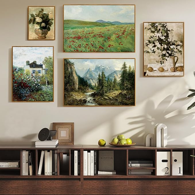 crmotu Framed Canvas Wall Art, Hillside Landscape Art Prints, Flower Field Vintage Decor Pictures, Nature Scenery Wall Paintings for Living Room Bedroom Bathroom Rustic Farmhouse Kitchen Decor 16x24in