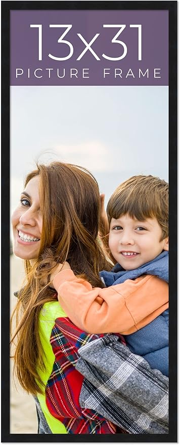 13x31 Frame Black Real Wood Picture Frame Width 0.75 Inches | Interior Frame Depth 0.5 Inches | Noir Classique Mid Century Photo Frame Complete with UV Acrylic, Foam Board Backing & Hanging Hardware