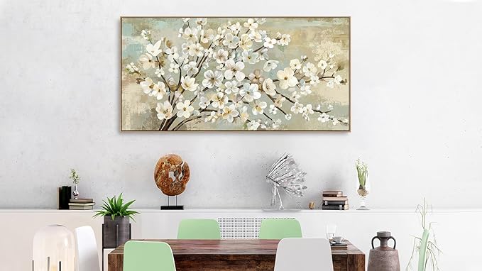 arteWOODS Flowers Framed Wall Art - Beige Flower Branches Canvas Pictures Wall Decor Rustic Brown Botanical Painting Artwork Elegant Floral Prints for Living Room Bedroom 40 x 20in Natural Wood Frame