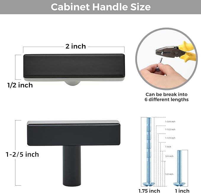 20 Pack Black Cabinet Knobs - Sqaure Bar Cabinet Pulls Matte Black Knobs for Kitchen Drawer Stainless Steel Dresser Pulls for Kitchen Hardware 2in Length Single Hole