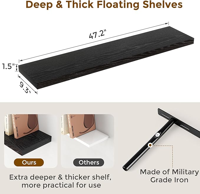 Fun Memories Black Floating Shelves 48 Inch Long, Wood Wall Shelves 48x9.3x1.5, 9.3 Inch Deep Floating Shelf for Wall, Large Black Shelves for Home Decor & Storage, Set of 2