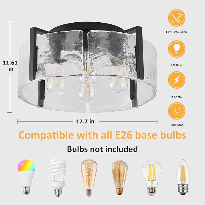 Black Semi Flush Mount Ceiling Light Fixture, 4-Light Modern Hallway Light Fixtures Ceiling Mount, Foyer Kitchen Lighting Fixtures Ceiling Lights for Bedroom, Bathroom, Laundry Room, Entryway, Hallway