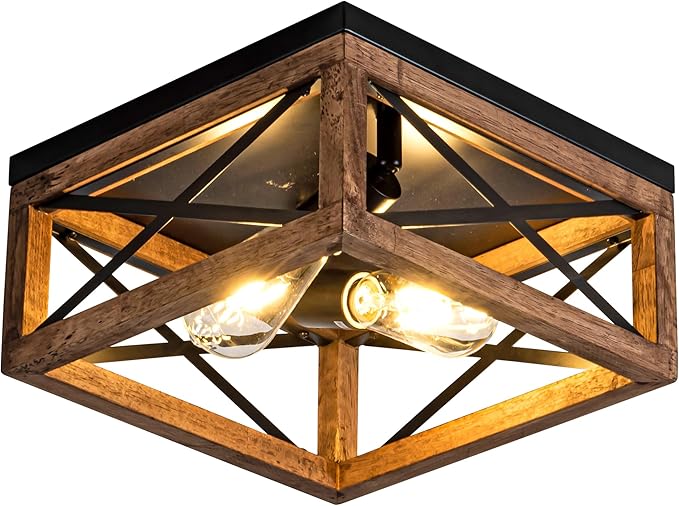 Flush Mount Ceiling Light Fixture for Kitchen Hallway, 2-Light Close to Ceiling Light with Black Metal and Wood Design, Rustic Farmhouse Ceiling (Bulb not Included)